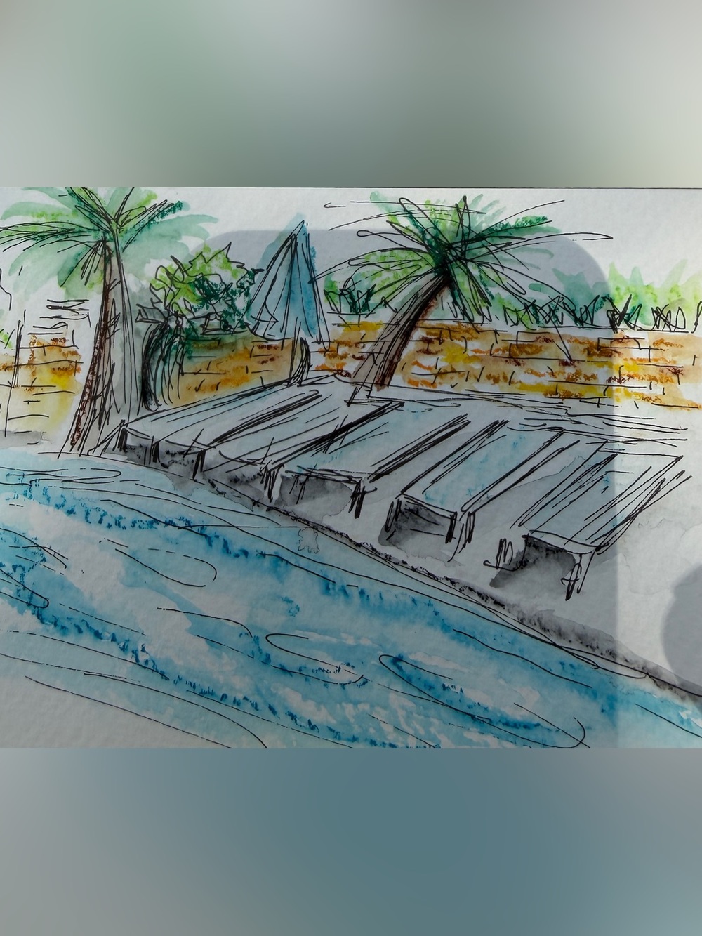 Hard rock, Hotel pool, illustration, watercolor, painting